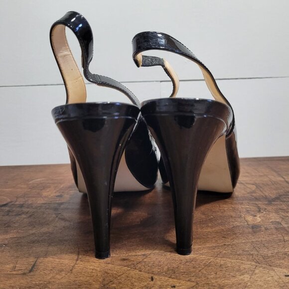 Talbots Black Patent Peep Toe Bow Elastic Heel Strap 4.25" Heels Women's sz 9M. - Picture 3 of 10